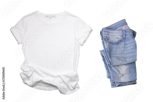 White t-shirt and blue jeans isolated on white background. Mockup for design