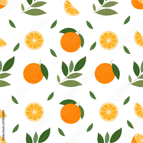 Seamless pattern with oranges and leaves on a white background.