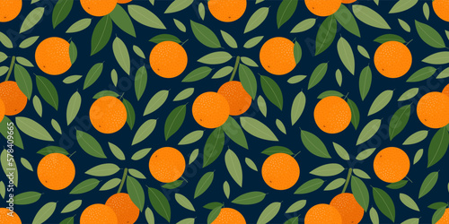 Seamless pattern with orange fruits and leaves. Vector illustration.