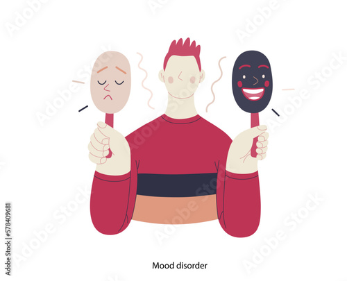 Mental disorders illustration. Mood disorder - modern flat vector illustration of a man choosing between two mood extrems. People emotional, psychological, mental traumas concept