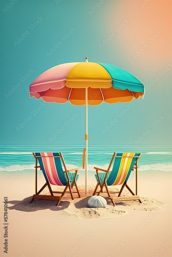 Chairs on the tropical beach near sea.Colorful beach umbrella. Holidays Background. Generative AI