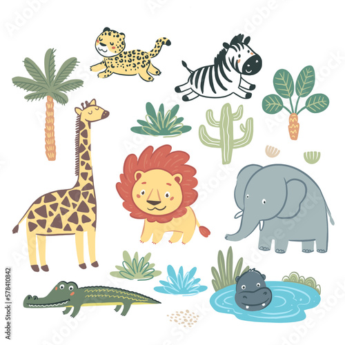African animals scene  set of hand drawn vector illustrations 