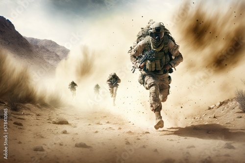 Action, running. Military soldiers are together. Realism style detailed picture of human. Generative AI