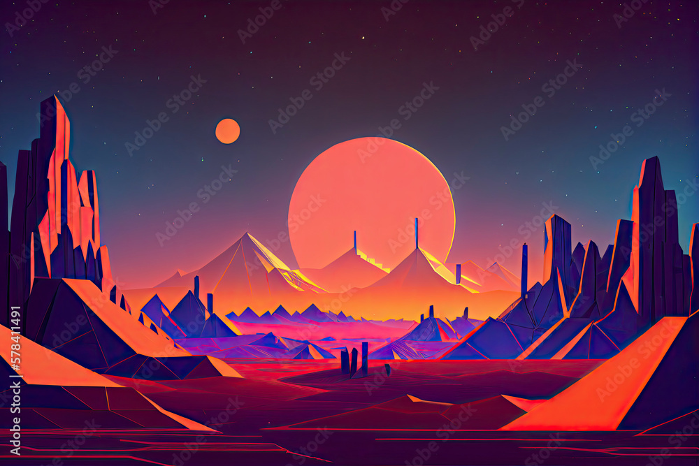 80s Retro Sci-Fi Futuristic Landscape Background, low poly modeling 80s Retro Sci-Fi Futuristic Landscape Background, low poly modeling