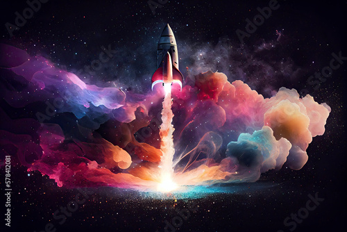 Rocket spaceship blasting off into outer space stars nebula constellation abstract vapor background