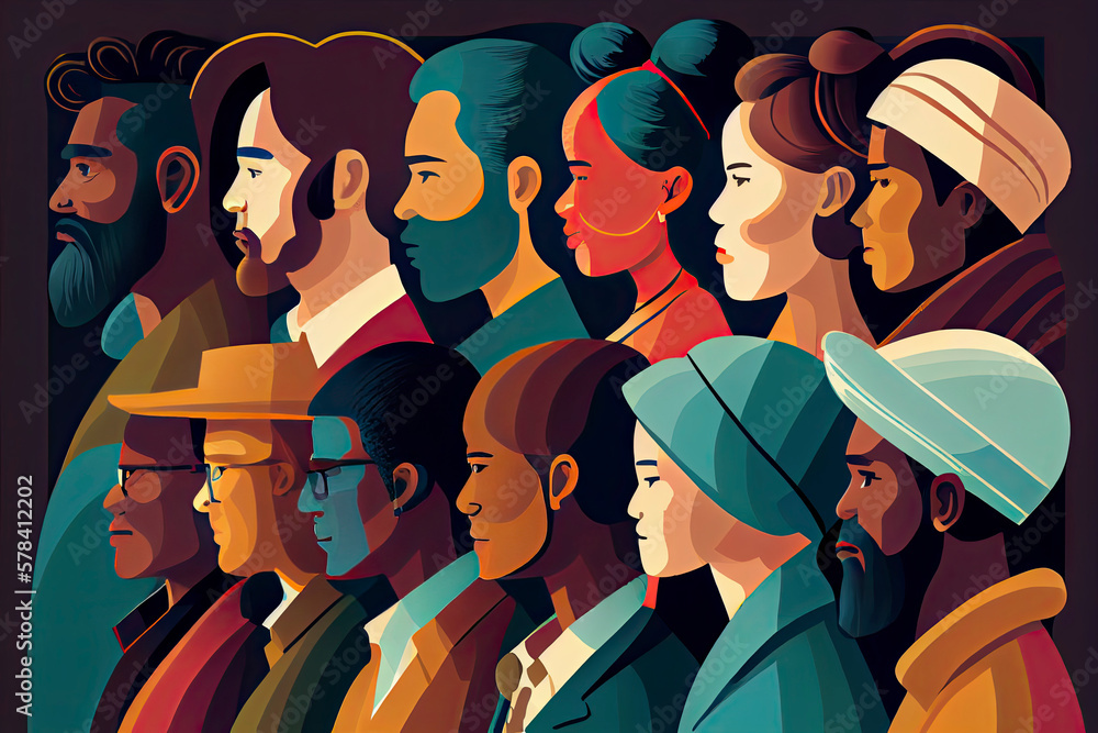Diverse people, multiracial, multicultural crowd of men and women, side ...