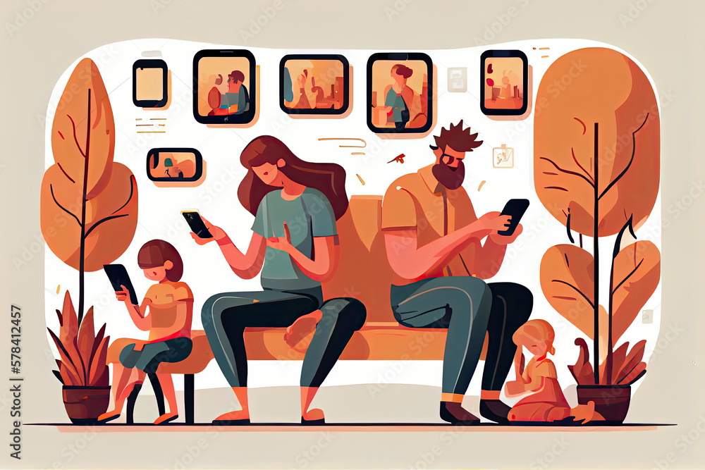 Obraz premium Family using smartphones and tablets, parents and kids with phones. Social media addiction