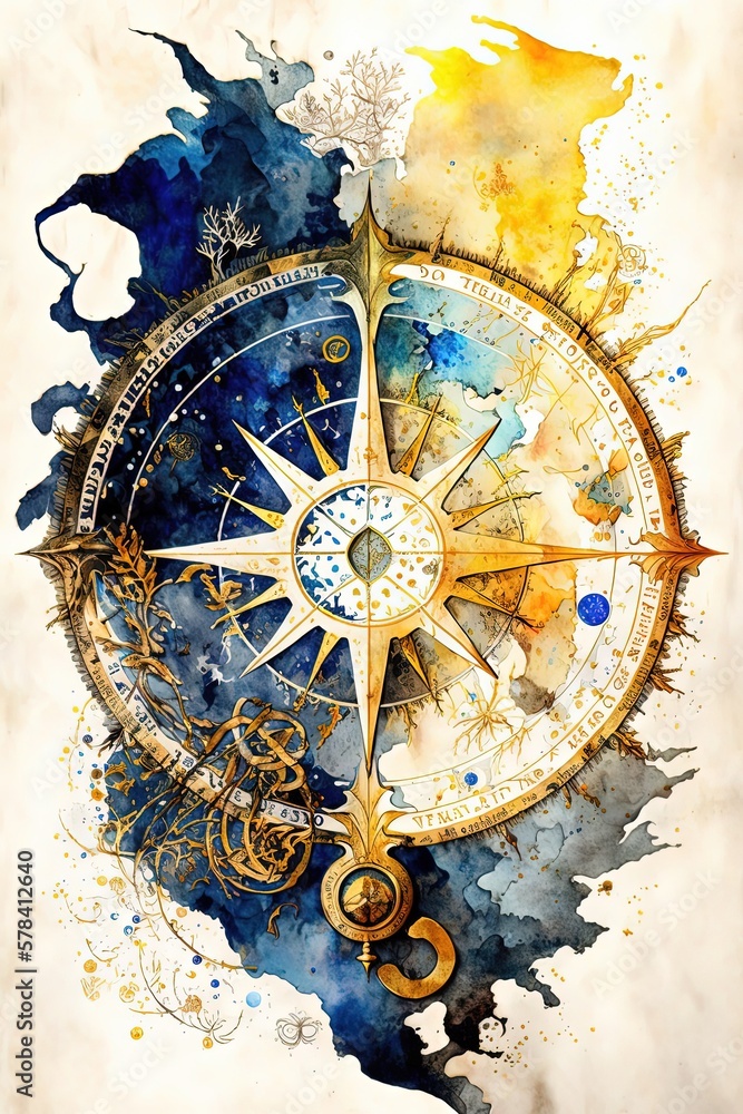 Compass watercolor illustration blue and gold, treasure map astrolabe - Generative AI