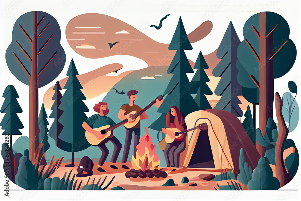 Obraz premium Happy family enjoying camping. Couple and kid playing guitar, singing at campfire flat vector illustration