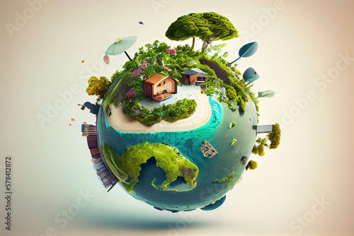 Personal resort on little planet. Concept for travel, holiday, hotel, spa, resort design. Tiny island / planet collection