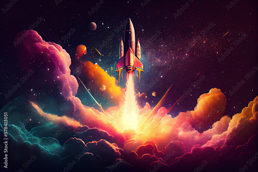 Rocket spaceship blasting off into outer space stars nebula ...