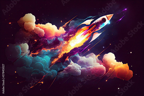 Rocket spaceship blasting off into outer space stars nebula constellation abstract vapor background