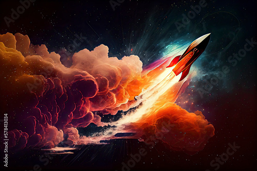 Rocket spaceship blasting off into outer space stars nebula constellation abstract vapor background © surassawadee
