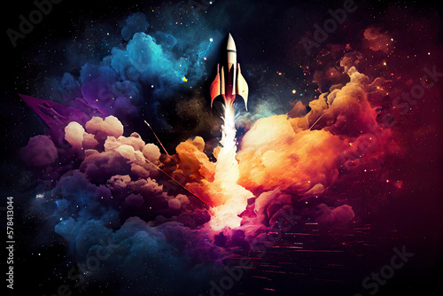 Rocket spaceship blasting off into outer space stars nebula constellation abstract vapor background