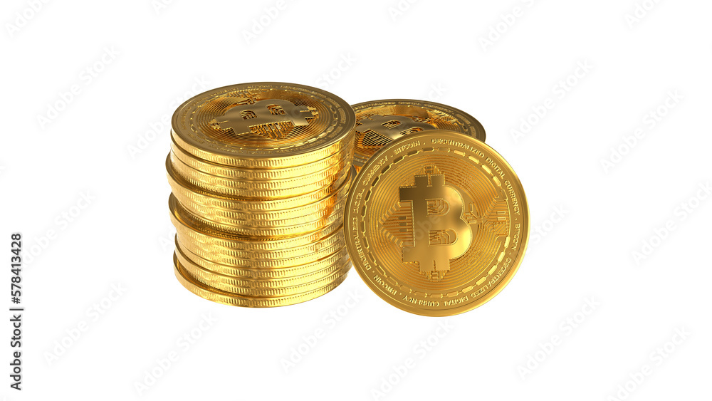 A stack of gold bitcoins on white background with bitcoin logo - 3d rendering 3d illustration A stack of gold bitcoins on white background with bitcoin logo - 3d rendering 3d illustration