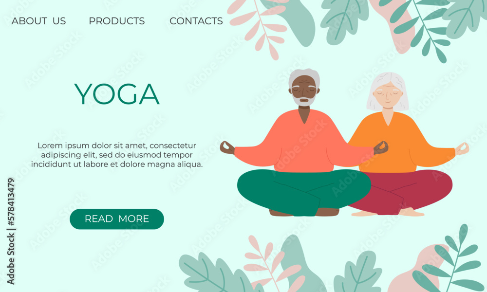 Banner template with senior man and woman doing yoga or breathing exercises. 