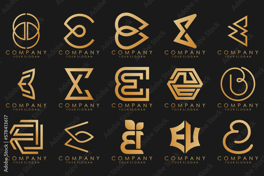 collection logos golden luxury with letters E. Geometrical abstract logos. collection logos golden luxury with letters E. Geometrical abstract logos.