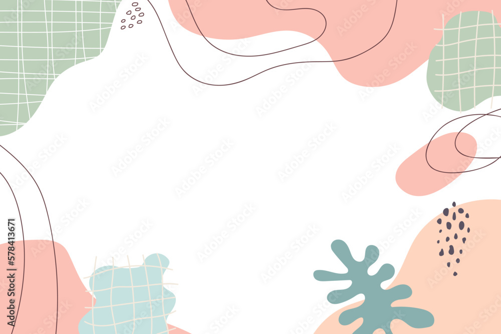 Abstract background in pastel colors. Hand drawn various geometric organic shapes, lines, spots, drops, curves. Copy space. Template for social media stories, branding. Patterns. Vector illustration