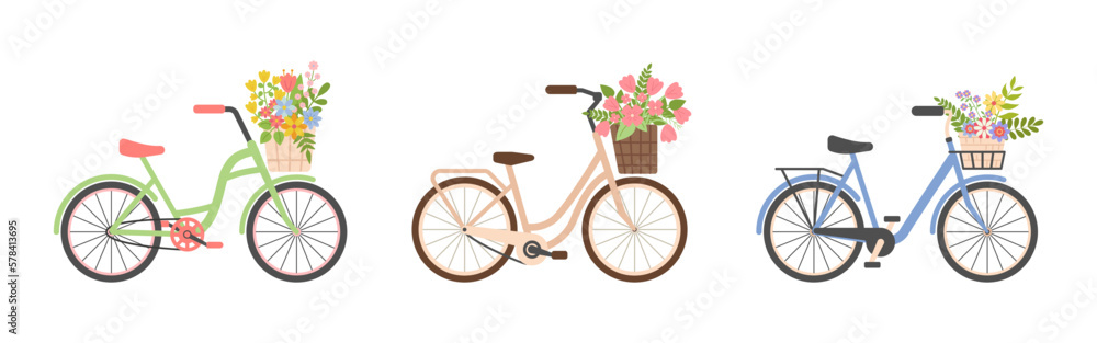 Set of three Cute Ladies bicycle with baskets of spring flowers. Women city retro bike. Summer vintage journey concept. Romance. Good for cards, greeting. Flat vector illustration on white background