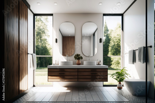 Modern spacious bathroom interior  wooden furniture and windows  mirrors over the sinks. Generative AI 