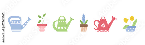 Seasonal garden set of beautiful watering cans and flowers in flower pots. Spring seedlings, watering flowers. Cute spring decor elements. Vector illustration