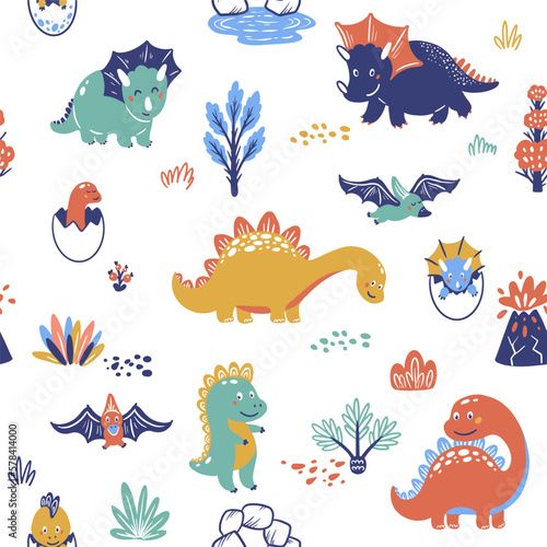 Cute dinosaurs and babies  seamless pattern with hand drawn vector art 