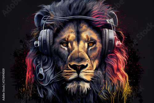 Portrait of a lion wearing headphones, Generative Ai © Ozis