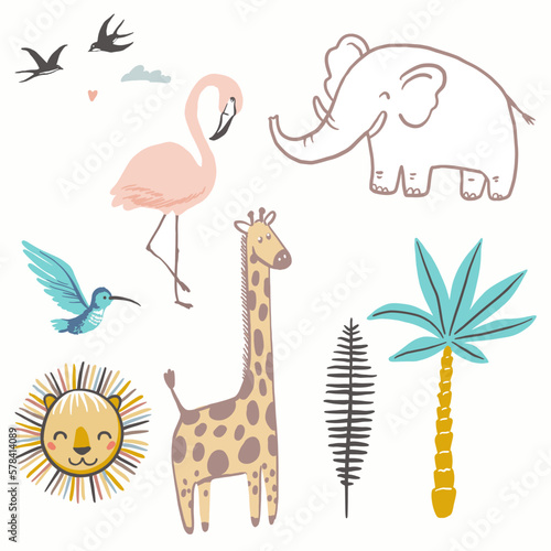 A set with tropical animals icons, vector hand drawn art
