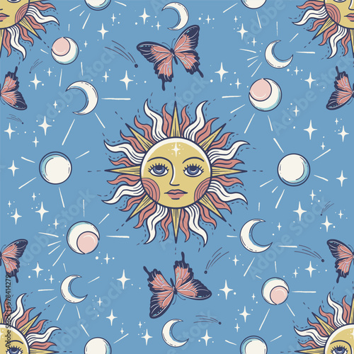Sun, moons and butterflies, seamless pattern with vector hand drawn art
