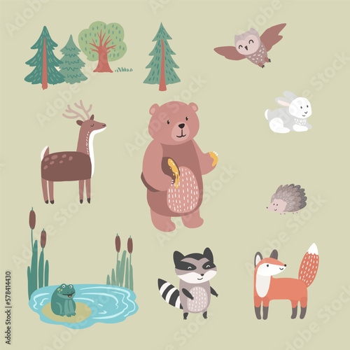 Bear, deer, fox, raccoon, rabbit, owl- forest animals. Set of icons, vector hand drawn illustrations
