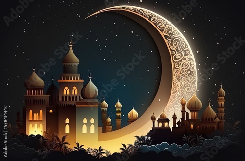 Nighttime mosque with crescent moon in the background A ramadan night under a hazy, starry sky Generative AI photo