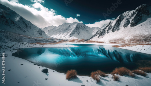 Snow capped mountains with glacial lake in sunshine
