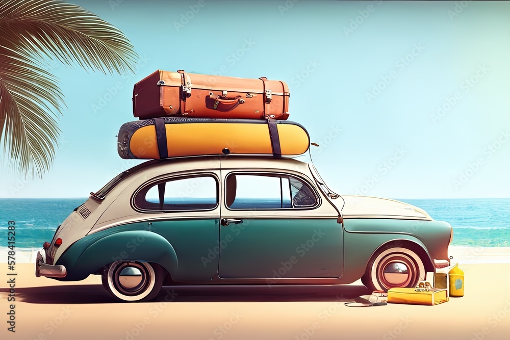 Small retro car with luggage on the roof, ready for summer vacation ...