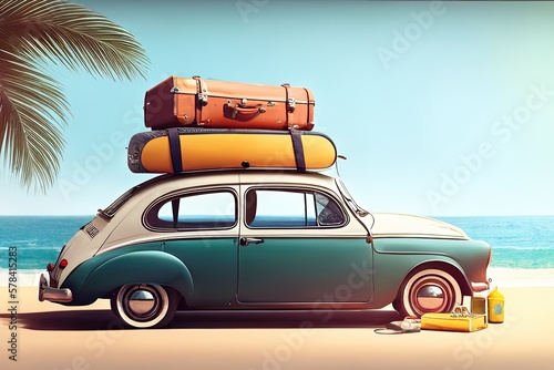 Small retro car with luggage on the roof, ready for summer vacation, concept of a trip to the sea with family and friends, dream destination, Generative AI