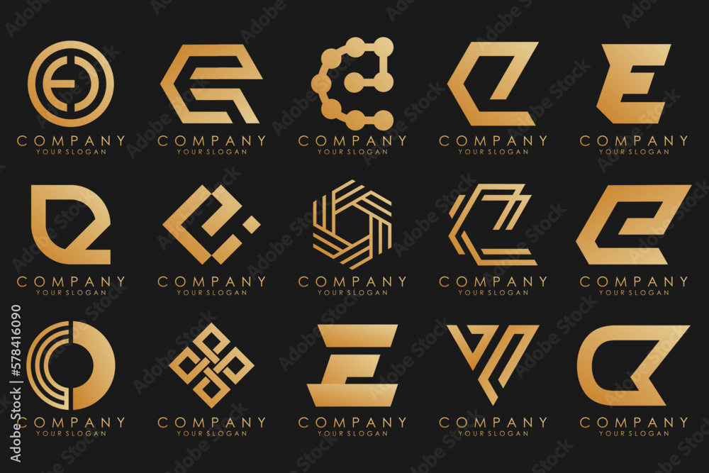 collection logos golden luxury with letters E. Geometrical abstract logos. collection logos golden luxury with letters E. Geometrical abstract logos.