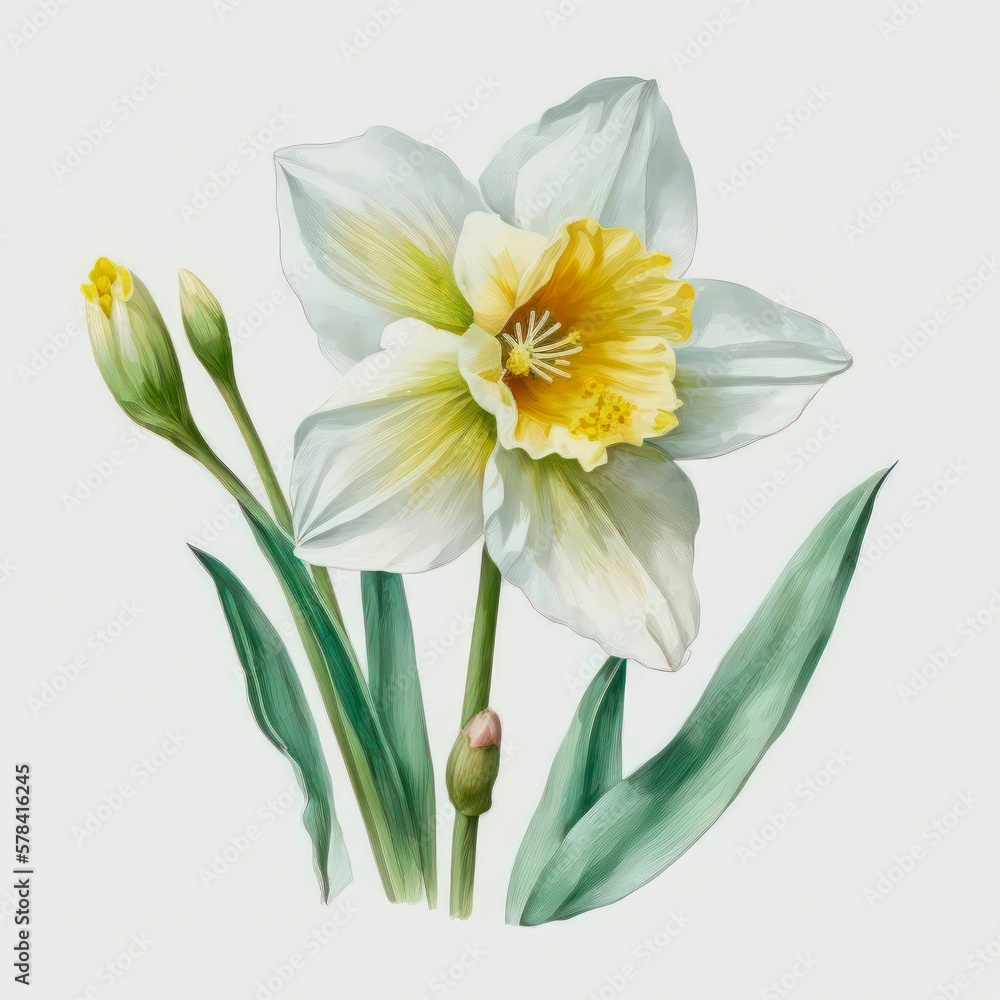 Narcissus flower. Watercolor illustration of a beautiful daffodil. Generative AI art. Narcissus flower. Watercolor illustration of a beautiful daffodil. Generative AI art.