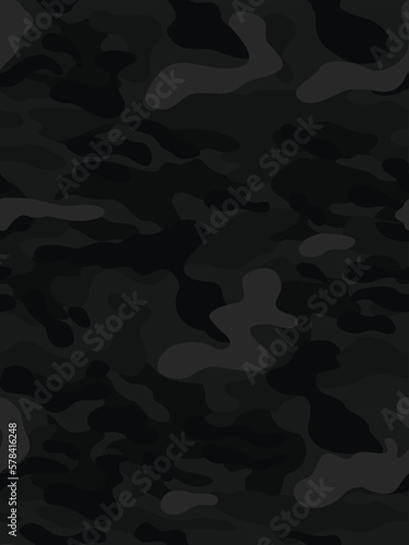 Black camo background, night fabric texture, seamless vector army print. Disguise.