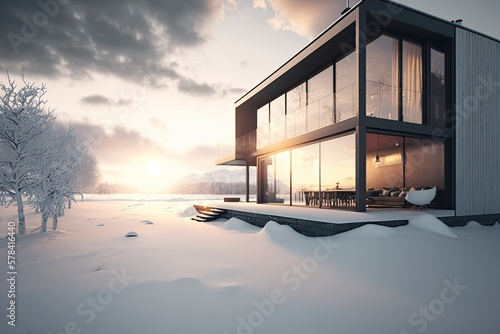 Stunning modern home nestled in a winter wonderland. Snow-covered landscape provides the perfect backdrop for this sleek and stylish house. Generative AI