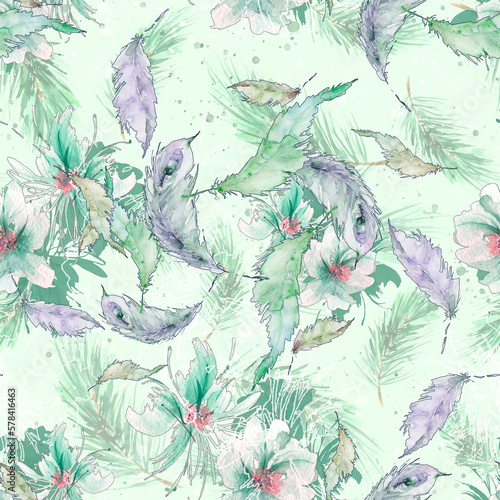 Seamless vintage pattern  flowers  Plant in watercolor. cedar branch  spruce  feather. Fashionable background. Abstract splash of paint. graphic flowers. Field bouquet. fashion illustration. aster  po