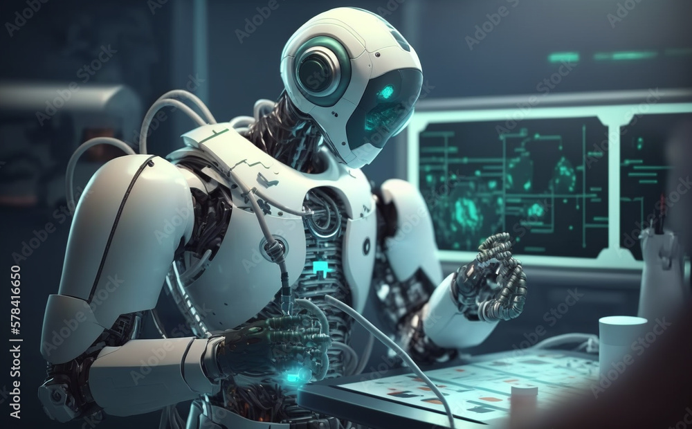 A robot doctor works on a computer, Generative ai A robot doctor works on a computer, Generative ai