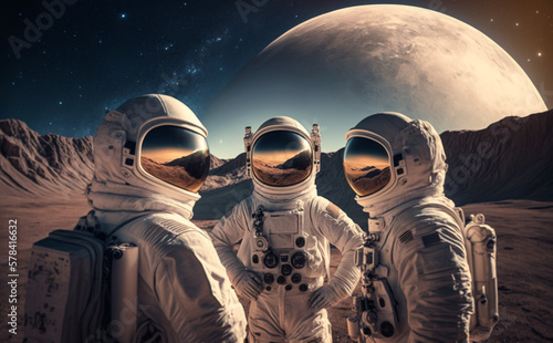A group of astronauts chat on an alien planet, Generative ai