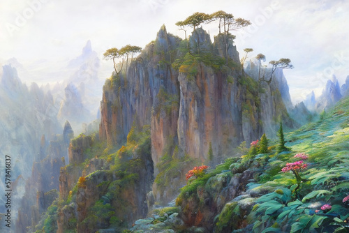 Mountainous Landndscape with the Morning Fog Generative AI Art