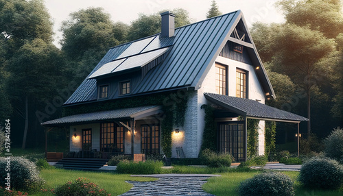 Foto An eco friendly house with solar panels in the countryside, generative ai
