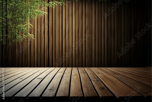 Empty wooden table and bamboo fence or wall texture background room interior background  product montage display  can be used for display your products