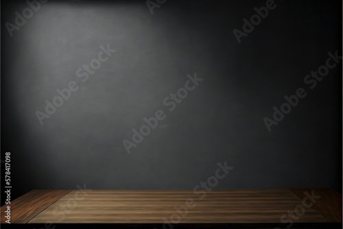 The empty wooden desk tabletop on a dark abstract cement wall with copy space interior texture for display products