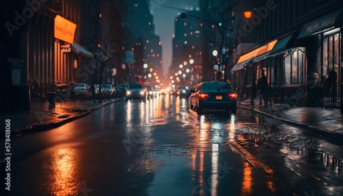 Night rainy city road streets. Generative AI © Scrudje