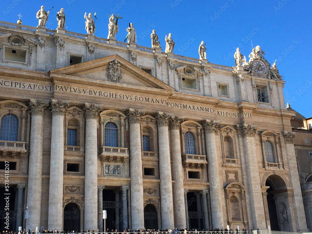 Close-up on cathedral against the blue sky. Vatican.