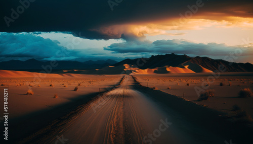 Desert road and sandy dunes with storm approaching