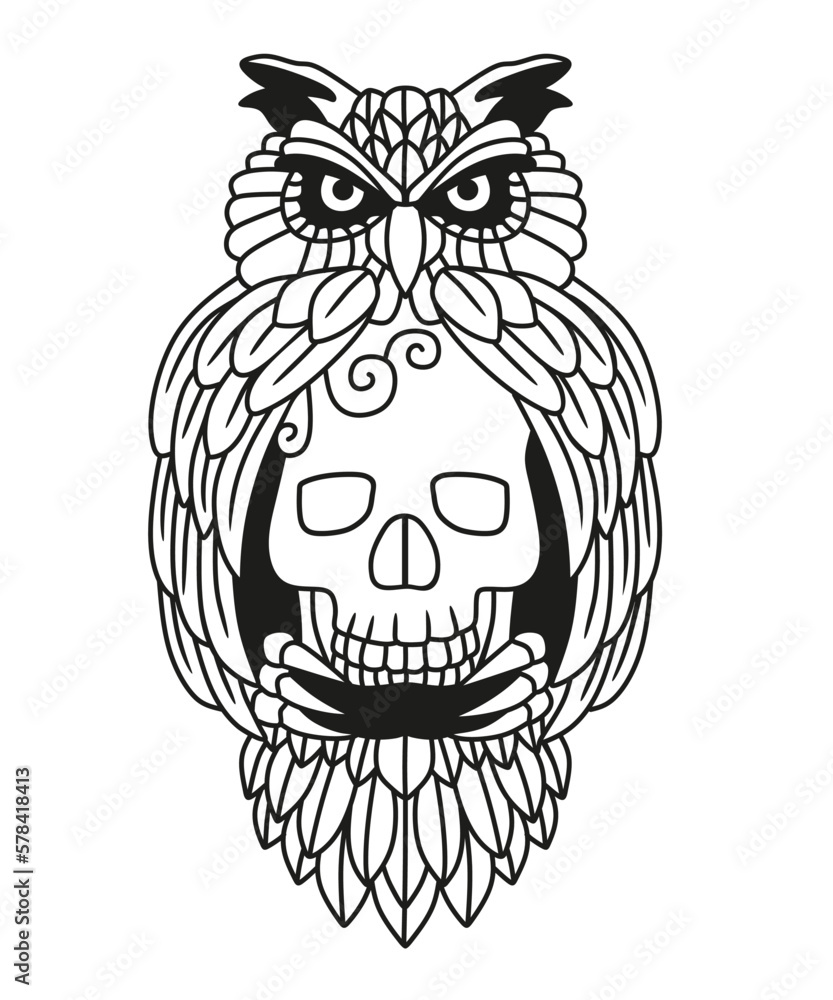 Obraz premium Vector illustration. Owl tattoo holding a skull. White isolated background