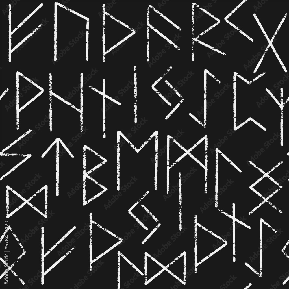 Magic symbols seamless pattern, black-white signs - Archaic gothic folk art. Ethnic background. Magic and magical art. Pagan signs. 